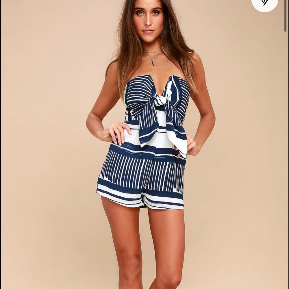 Lulu’s Delphi Blue and White Striped Tie-Front Strapless Romper